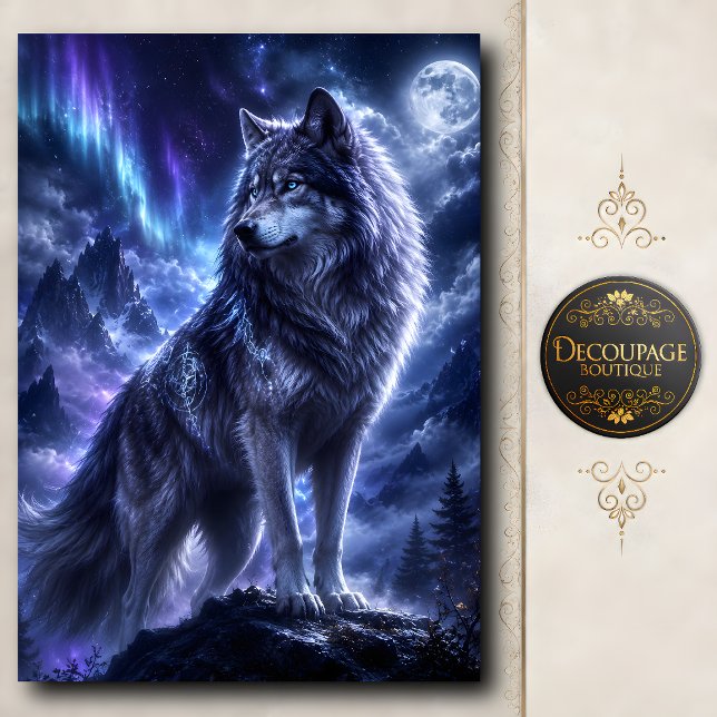 Mystical Moon Wolf Aurora Decoupage Tissue Paper (Mystical Moon Wolf Aurora Decoupage Tissue Paper)