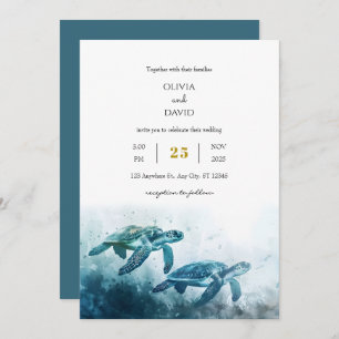 Mystical Moonlight Blue Sea Turtle Love Wedding  Invitation