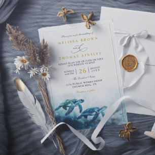 Mystical Moonlight Blue Sea Turtle QR Code Wedding Invitation