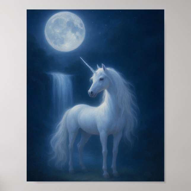Mystical Moonlight Unicorn & Waterfall Fantasy Art Poster (Front)