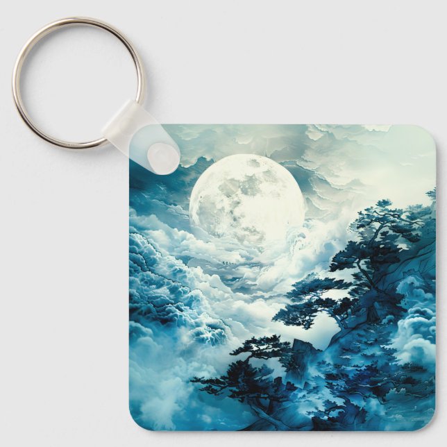 Mystical Moonlit Mountain Landscape Key Ring (Front)