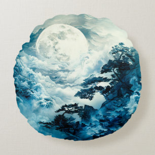 Mystical Moonlit Mountain Landscape Round Cushion