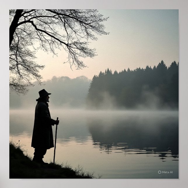 Mystical Morning Mist Over Lake - Silhouette Scene Poster (Front)