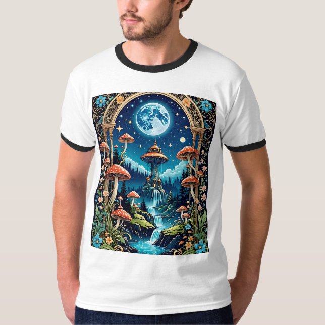 Mystical Mushroom Waterfall Forest T-Shirt (Front)