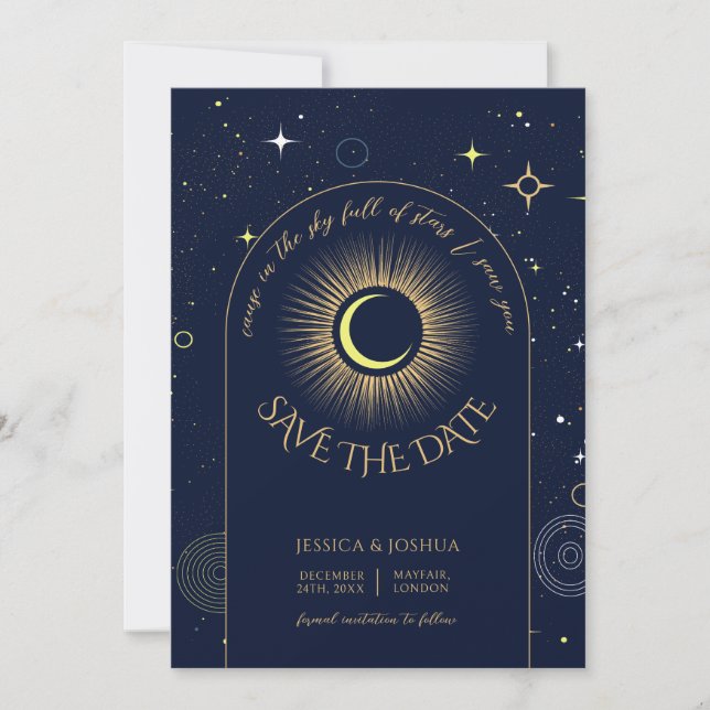 Mystical Navy Blue Arch Stars Celestial photo Invitation (Front)