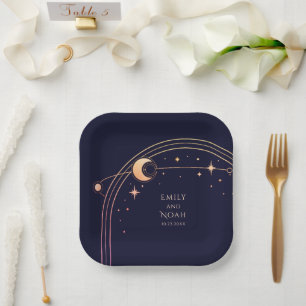 Mystical Navy Blue Sun Moon Astronomy Space Paper Plate