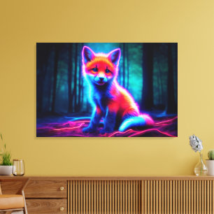 Mystical neon fox in glowing enchanted forest canvas print