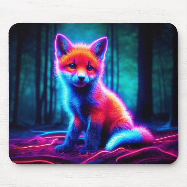 Mystical neon fox in glowing enchanted forest mouse pad (Front)