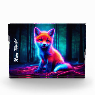 Mystical neon fox in glowing enchanted forest photo block