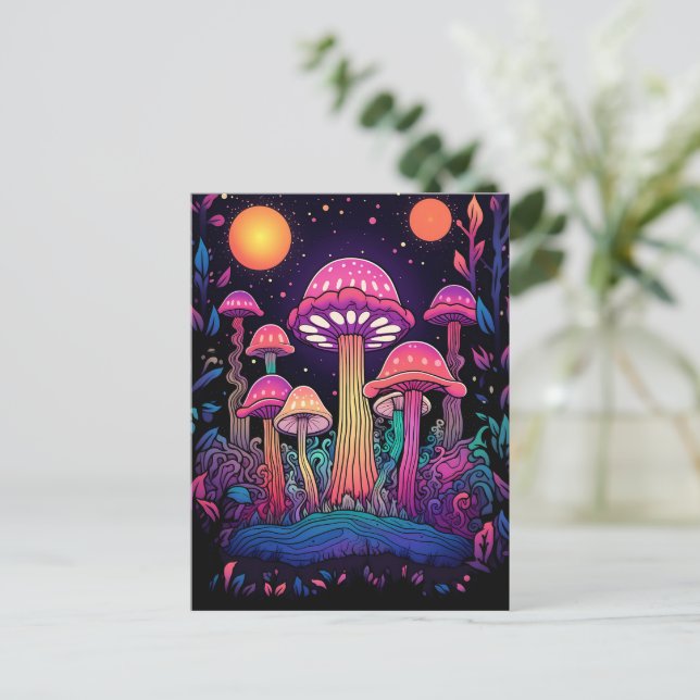 Mystical Neon Mushroom Forest Postcard (Standing Front)
