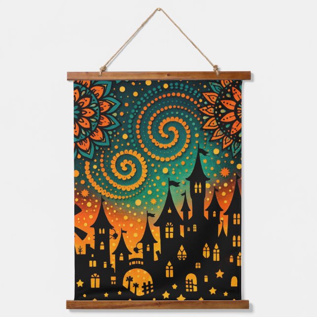 Mystical Night Castle Silhouette Hanging Tapestry (Front)