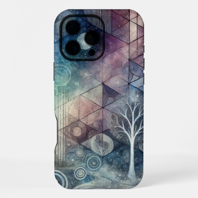Mystical Night Sky Geometric Patterns & White Tree iPhone Case (Back)