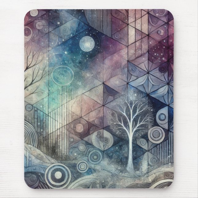 Mystical Night Sky Geometric Patterns & White Tree Mouse Pad (Front)