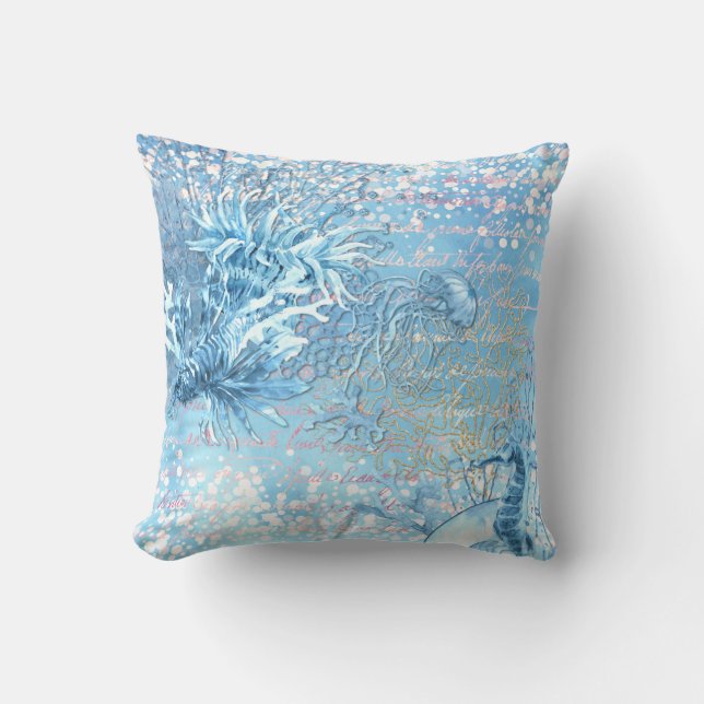 Mystical ocean dreams seahorse jellyfish teal blue cushion (Front)