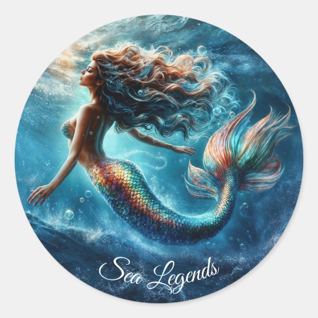 Mystical ocean mermaid siren's colourful tail art classic round sticker (Front)