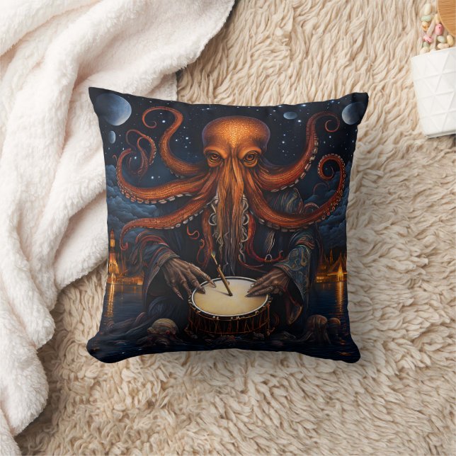 Mystical Octopus Playing Drum at Night Cushion (Blanket)