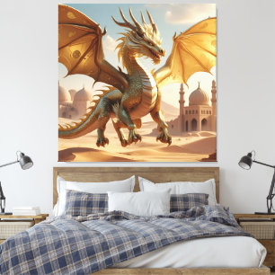 Mystical Oriental Dragon Over Desert City – Fantas Canvas Print