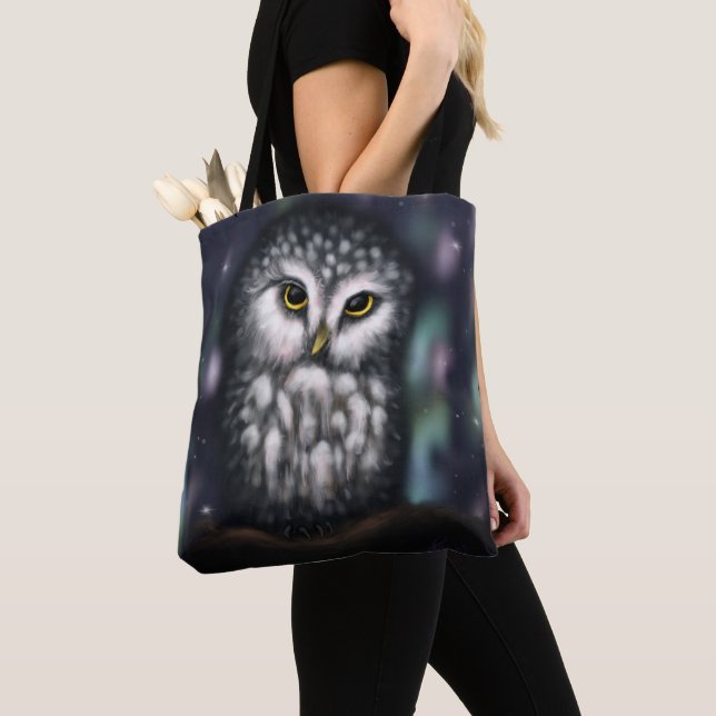 Mystical Owl in Northern Nightfall Tote Bag (Close Up)
