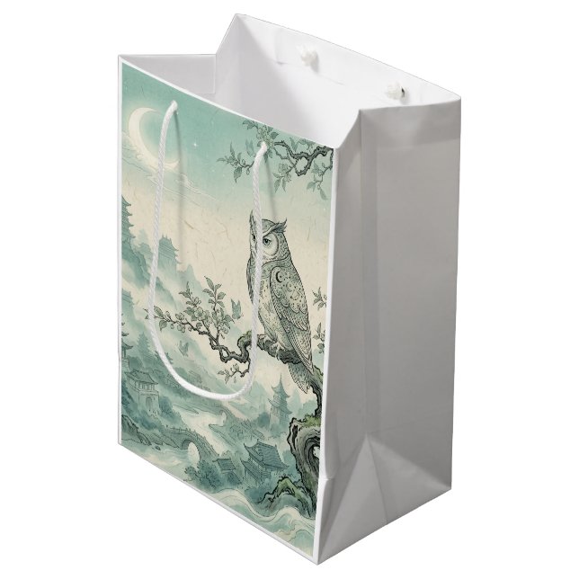 Mystical Owl Moon Landscape Art Medium Gift Bag (Front Angled)