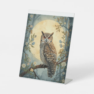 Mystical Owl Moonlight Forest Art | Woodland Owl I Pedestal Sign