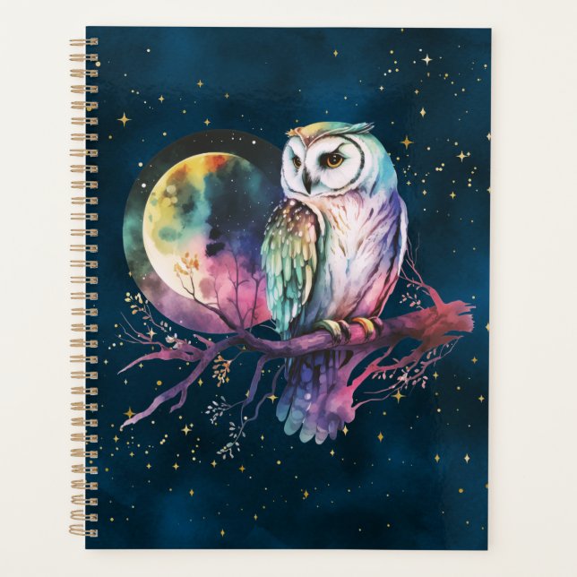 Mystical Owl Moonlit Watercolor Night Sky Artwork  Planner (Front)