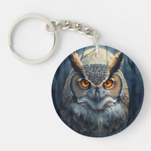 Mystical Owl Watercolor Art Dark Forest Moon Owl Key Ring