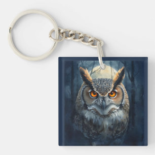 Mystical Owl Watercolor Art Dark Forest Moon Owl Key Ring