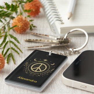 Mystical Peace Sign Custom Name Key Ring