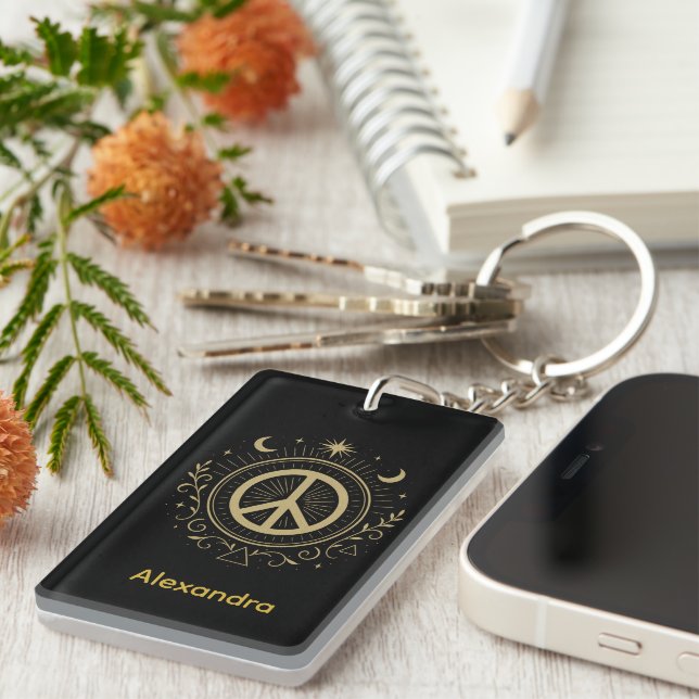 Mystical Peace Sign Custom Name Key Ring (Front Right)