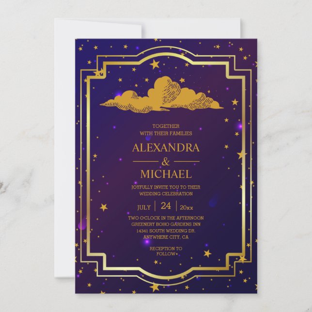 Mystical Pink Blue Celestial Stars Wedding  Invitation (Front)