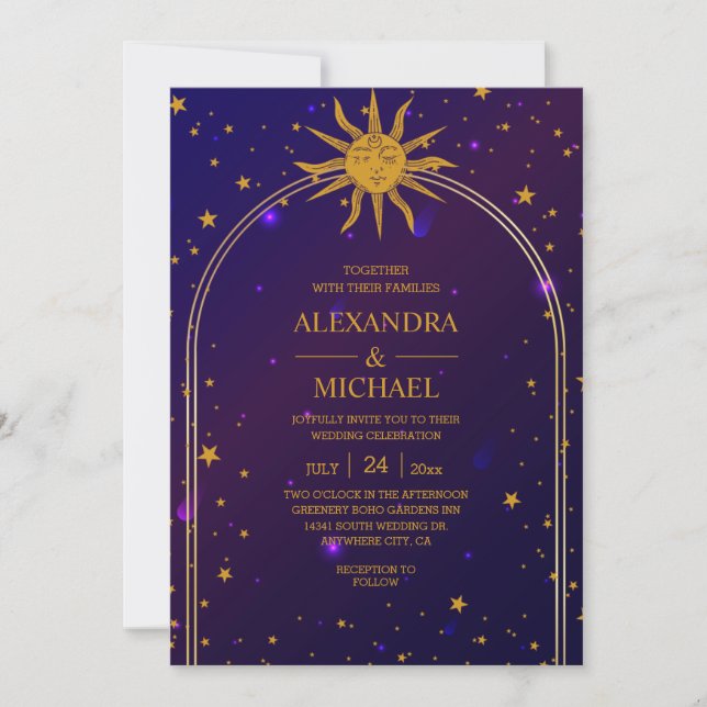 Mystical Pink Blue Celestial Stars Wedding Invitation (Front)
