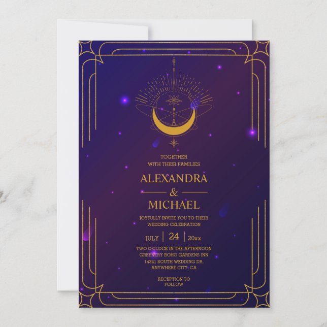 Mystical Pink Blue Celestial Stars Wedding  Invitation (Front)