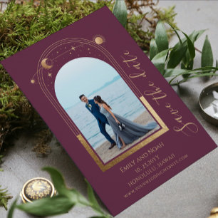 Mystical Plum Gold Celestial Wedding Photo Save The Date
