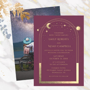 Mystical Plum Gold Sun Moon Stars Photo Wedding Invitation