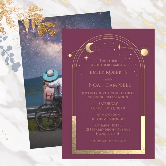 Mystical Plum Gold Sun Moon Stars Photo Wedding Invitation (Creator Uploaded)
