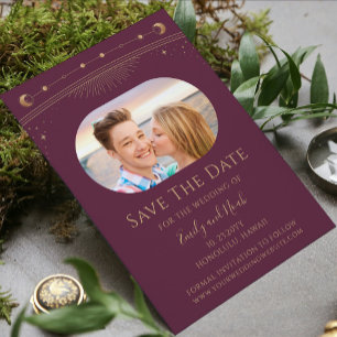 Mystical Plum Gold Sun Moon Stars Space Save The Date