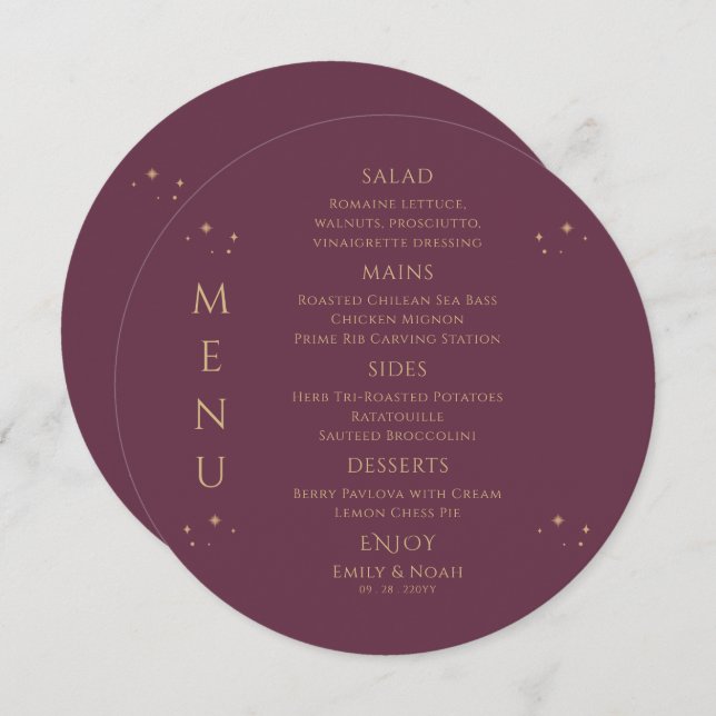 Mystical Plum Gold Sun Moon Stars Space Wedding Menu (Front/Back)