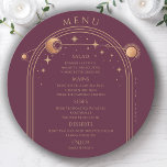 Mystical Plum Gold Sun Moon Stars Space Wedding Menu<br><div class="desc">Mystical Plum Gold Sun Moon Stars Space Wedding Menu Cards features a gold sun,  moon and stars frame on a plum background with your menu details in the centre in modern gold calligraphy script. Personalise by editing the text in the text boxes provided. Designed by Evco Studio www.zazzle.com/store/evcostudio</div>