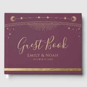 Mystical Plum Gold Sun Moon Stars Wedding  Guest Book
