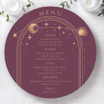Mystical Plum Gold Sun Moon Stars Wedding Menu<br><div class="desc">Mystical Plum Gold Sun Moon Stars Space Wedding Menu Cards features a gold sun,  moon and stars frame on a plum background with your menu details in the centre in modern gold calligraphy script. Personalise by editing the text in the text boxes provided. Designed by Evco Studio www.zazzle.com/store/evcostudio</div>