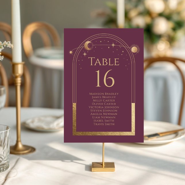 Mystical Plum Gold Sun Moon Stars Wedding Table Number (Creator Uploaded)