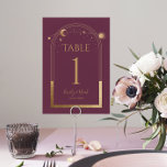 Mystical PlumGold Sun Moon Astronomy Wedding Table Number<br><div class="desc">Mystical Plum Gold Sun Moon Astronomy Wedding Table Numbers features gold sun, moon and stars with a golden frame on a plum background. Inside is your custom wedding invitation information. Personalise by editing the text in the text boxes. NOTE: Please customise with table numbers one by one and add to...</div>