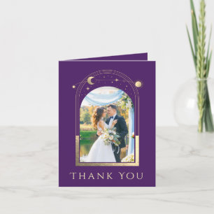 Mystical Purple Gold Sun Moon Stars Photo Wedding Thank You Card