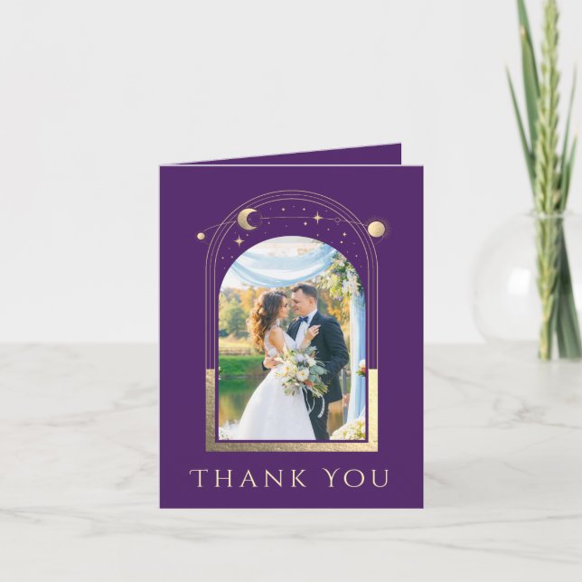 Mystical Purple Gold Sun Moon Stars Photo Wedding Thank You Card (Front)