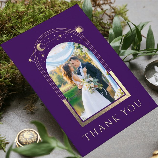 Mystical Purple Gold Sun Moon Stars Photo Wedding Thank You Card (Creator Uploaded)