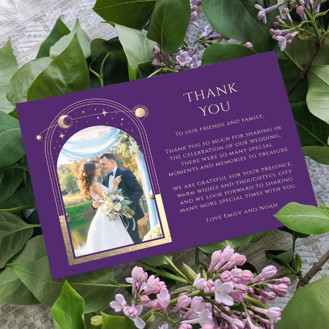 Mystical Purple Gold Sun Moon Stars Photo Wedding Thank You Card (Creator Uploaded)