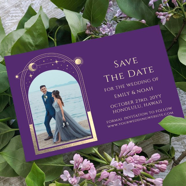 Mystical Purple Gold Sun Moon Stars Space Save The Date (Creator Uploaded)