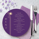 Mystical Purple Gold Sun Moon Stars Space Wedding Menu<br><div class="desc">Mystical Purple Gold Sun Moon Stars Space Wedding Menu Cards features simple gold stars on a purple background with your menu details in the centre in modern gold calligraphy script. Personalise by editing the text in the text boxes provided. Designed for you by Evco Studio © at www.zazzle.com/store/evcostudio</div>