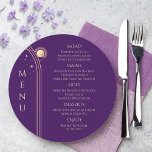 Mystical Purple Gold Sun Moon Stars Space Wedding Menu<br><div class="desc">Mystical Purple Gold Sun Moon Stars Space Wedding Menu Cards features simple gold stars on a purple background with your menu details in the centre in modern gold calligraphy script. Personalise by editing the text in the text boxes provided. Designed for you by Evco Studio © at www.zazzle.com/store/evcostudio</div>