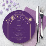 Mystical Purple Gold Sun Moon Stars Space Wedding Menu<br><div class="desc">Mystical Purple Gold Sun Moon Stars Space Wedding Menu Cards features a gold sun, moon and stars frame on a purple background with your menu details in the centre in modern gold calligraphy script. Personalise by editing the text in the text boxes provided. Designed for you by Evco Studio ©...</div>